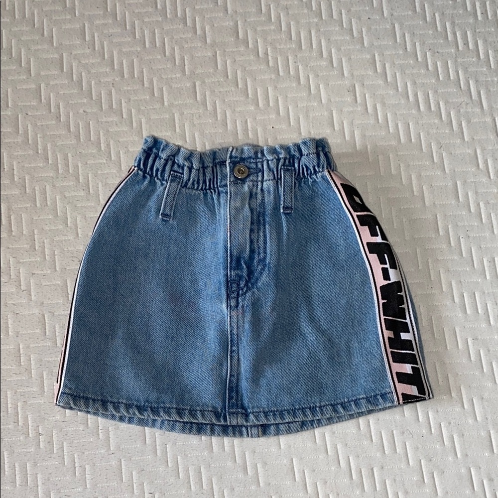 Off-White Kids Light Blue Denim Skirt with Pink & Black Logo Side Tape